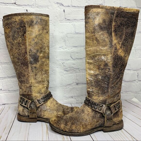 FRYE Phillip studded harness tall boots in chocolate glazed vintage leather - Picture 12 of 16